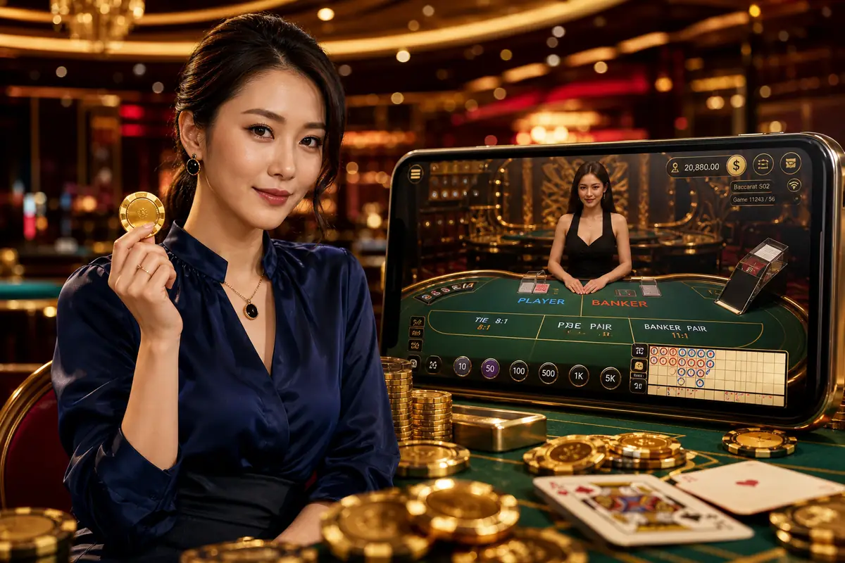bamar99 Live Dealer Baccarat ကဒ်ဖြန်သူနှင့် ကစားနေသည့်မြင်ကွင်း